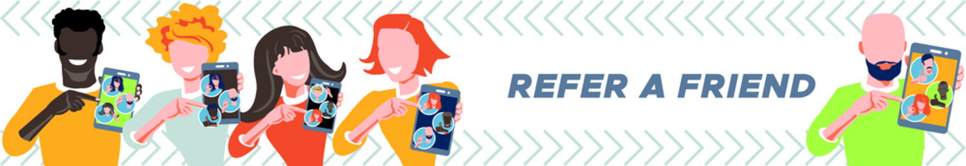 Refer a friend referral program concept. Group of people of different races and nationalities holding smartphone and shows to friends. Character invites to marketing promotion, sharing refer code