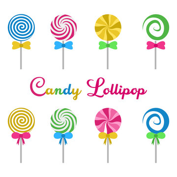 Set Candy lollipop round spiral delicious flat design cartoon vector illustration - set of sweet colorfull candys