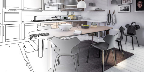 Contemporary Kitchen Area with Dining Room Integration (panoramic concept) - 3d visualization