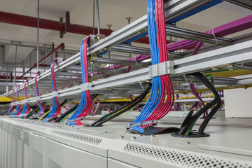 Indoor data center cabinet top cable close-up