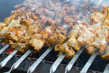 Shish kebabs on a fire, raw meat strung on skewers is fried over an open fire.