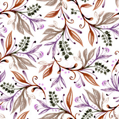floral watercolor seamless pattern with leaves and berries in brown, green and purple colors on white background. Hand drawn and digitized. Design for wallpapers, textiles, fabrics, wrappings. EPS 10.