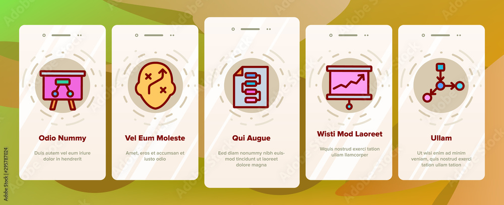 Poster planning onboarding mobile app page screen vector icons set thin line. chess figures and presentatio