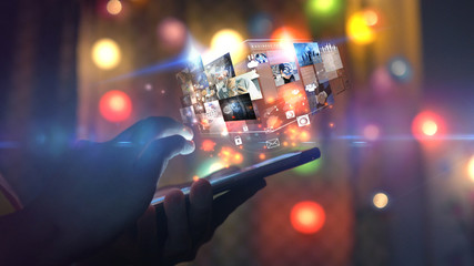 Fototapeta na wymiar Hand using smartphone connecting, Social media concept.