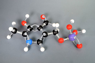 Molecule model of Vitamin B6. White is Hydrogen, black is Carbon, red is  Oxygen,  White is...