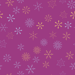 Snowflakes in different shapes and forms. Merry Christmas and New Year seamless vector pattern. Colorful background for Xmas.