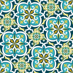 Tapeten Italian tile pattern seamless vector with parquet ornaments. Portuguese azulejos, mexico talavera, sicily majolica, spanish ceramic. Venetian mosaic texture for kitchen floor or bathroom wall. © irinelle