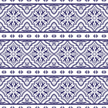 Vintage tile pattern vector border seamless with ornaments. Chinese porcelain ceramic motif texture. Majolica mosaic background for kitchen wall or bathroom floor.