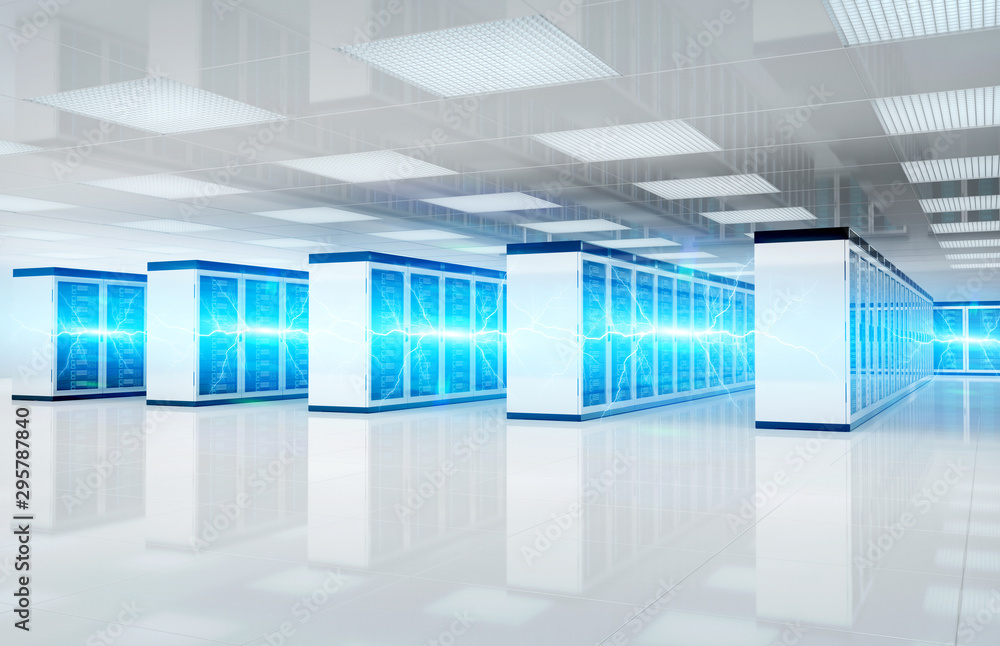 Poster electricity lightning in servers data center room storage systems 3d rendering