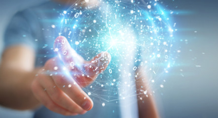 Businessman creating renewable and sustainable eco energy with electrical sphere 3D rendering