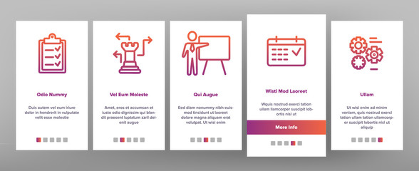Planning Onboarding Mobile App Page Screen Vector Icons Set Thin Line. Chess Figures And Presentation, Mechanism Gears And Presenting Strategic Planning Linear Pictograms. Contour Illustrations