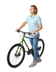 Fototapeta na wymiar Happy young man with bicycle on white background