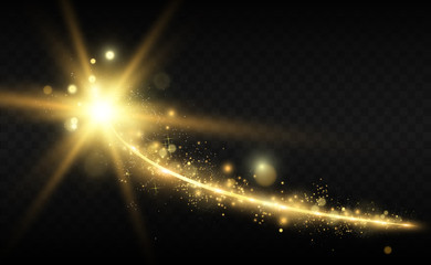 Beautiful golden vector illustration of a star on a translucent background with gold dust and glitters. A magnificent light base for your design.