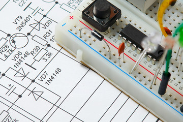 closeup of electronic component, unit, part, radio equipment and digital microchip - DIY kit for learning, training and development of electric circuits