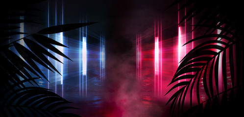 Neon, empty stage, wall, background with bright lighting, night city, night view. Tropical leaves. 