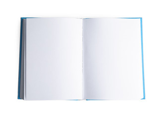 Open hardcover book with blank pages on white background, top view