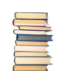 Stack of hardcover books on white background