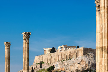 Acropolis in Athens, from temple of the Olympian Zeus in Athens, Greece.