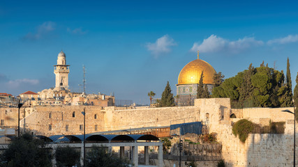 Western Wall and golden Dome of the Rock at sunset, Jerusalem Old City,  Israel.