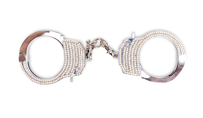 Steel metallic handcuffs with rhinestones.