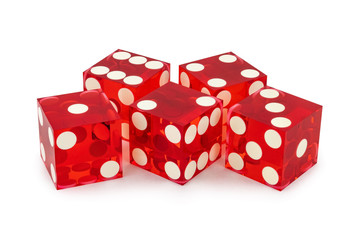 Five red classic dice close-up isolated on a white background / name of the result as 