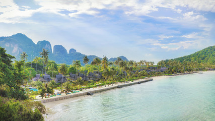 Fototapeta premium Tropical island with resorts - Loh ba kao bay, Phi-Phi island, Krabi Province, Thailand