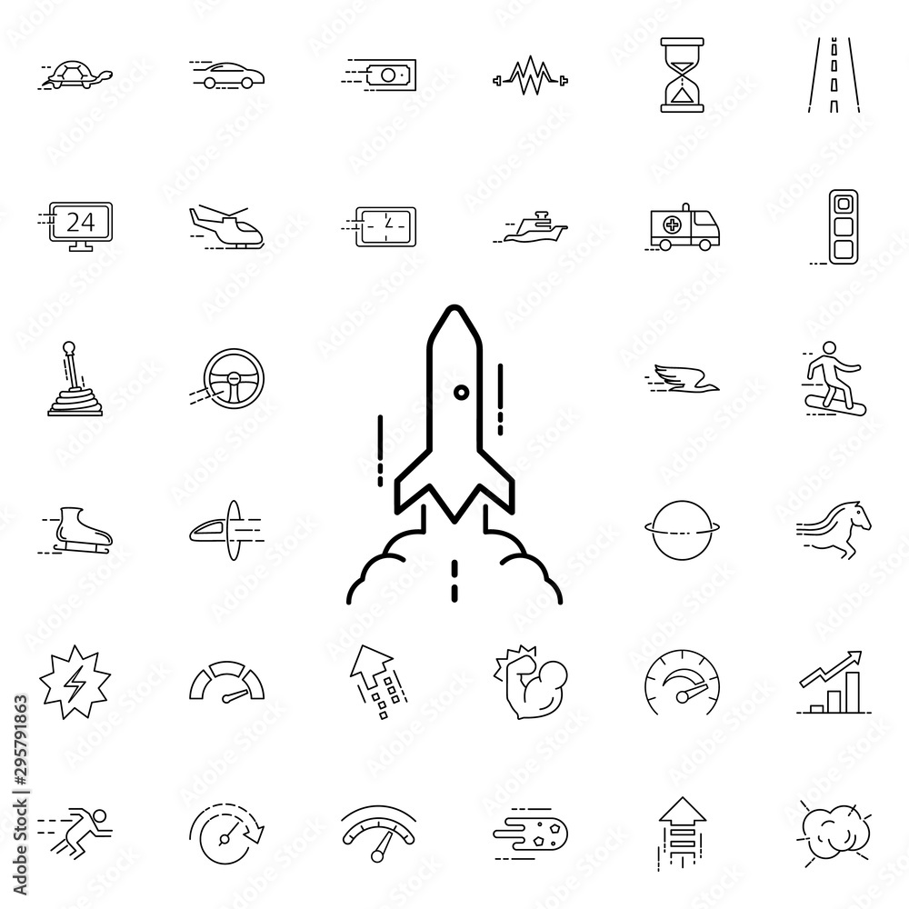 Poster rocket icon. universal set of speed for website design and development, app development