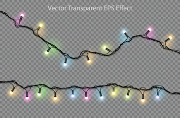 Set of color garlands on transparent background. Festive decorations.  Highly realistic illustration.