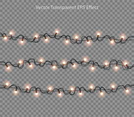 Set of white garlands on transparent background. Festive decorations.  Highly realistic illustration.