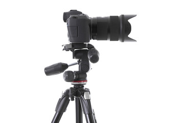 Side-view of photo camera device with big camera glass isolated