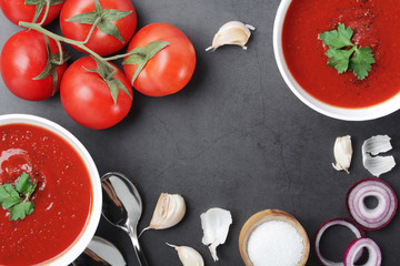Two plates with gazpacho - traditional Spanish tomato soup