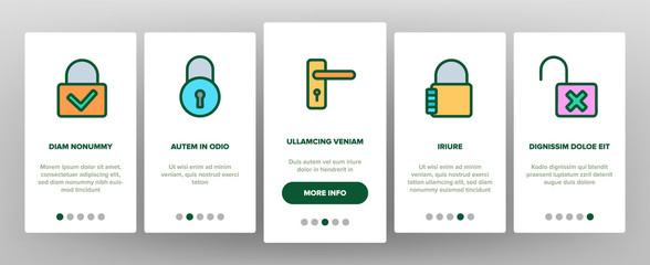Type Locks Onboarding Mobile App Page Screen Vector Icons Set Thin Line. Different Shape, Open And Closed Locks Linear Pictograms. Key And Padlock In Heart Form Contour Illustrations