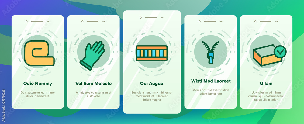 Poster latex material items onboarding mobile app page screen vector icons set thin line. matress and washa