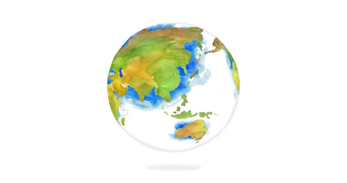 world turning in painting watercolor style, Animation, illustration, cartoon, endless 2d of globe planet earth, art, paint animated