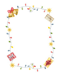 Watercolor vector Christmas frame with colorful lights, gifts and bells.