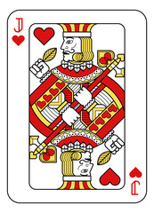 A playing card Jack of hearts in red, yellow and black from a new modern original complete full deck design. Standard poker size