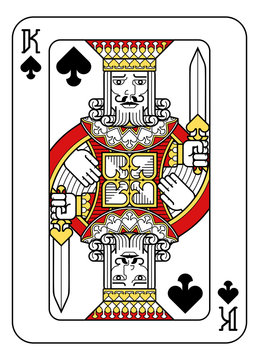A playing card king of Spades in red, yellow and black from a new modern original complete full deck design. Standard poker size
