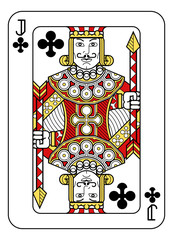 A playing card Jack of Clubs in red, yellow and black from a new modern original complete full deck design. Standard poker size