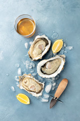 Fresh raw oysters, shot from the top on ice with a glass of white wine and lemon slices