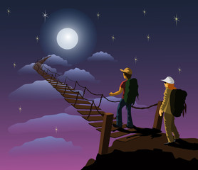 A male and female backpack carrying a backpack is about to walk up a wooden bridge that leads to the moon. With lunar and blue sky as background