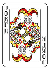 A playing card Joker in red, yellow and black from a new modern original complete full deck design. Standard poker size