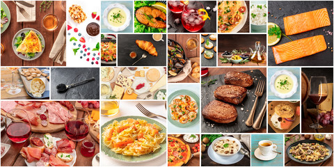 Food Collage. Many photos of tasty dishes, a design template for a banner, flyer, or restaurant menu