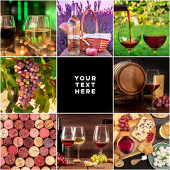 Wine Collage with copy space. Many photos of grapes, wine glasses, barrels, corks, a square design...