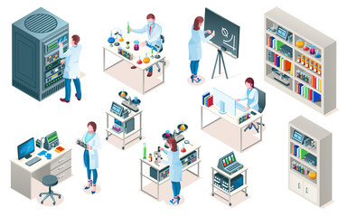 Set of isolated laboratory with scientist, isometric chemical or biological lab, medical or clinic pharmaceutical research, blood test laboratory. Science and doctor,scientific and biotech, experiment