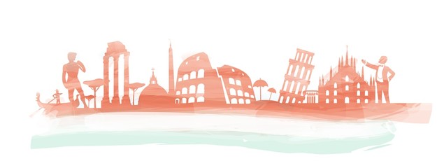 italian banner watercolor with symbol monument on flag
