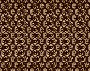 Abstract geometric pattern with bitcoin. A seamless background. Dark brown and gold ornament. Graphic modern pattern. Simple lattice graphic design. - Vector illustration