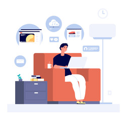 People surfing internet. Man with laptop visits eshops, social media and video sites. Online lifestyle vector flat concept. Surfing social media online, network communication illustration