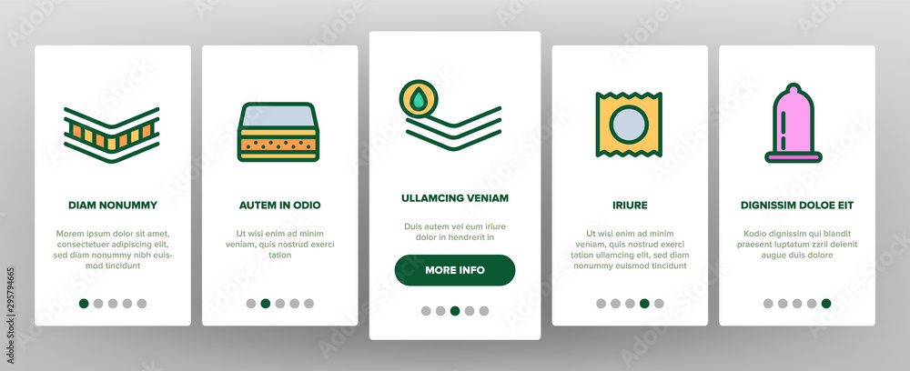 Poster latex material items onboarding mobile app page screen vector icons set thin line. matress and washa