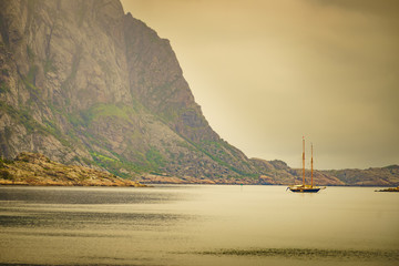 Sailing ship on fjord, Lofoten Norway