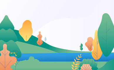 Flat minimal landscape. Autumn nature scene with yellow, green trees and river. Fall panorama with lake. Trendy vector background. Illustration autumn landscape scene, scenery stylized